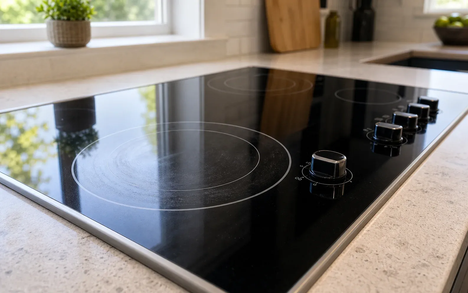 Built-in black glass cooktop on a kitchen counter viewed at an angle