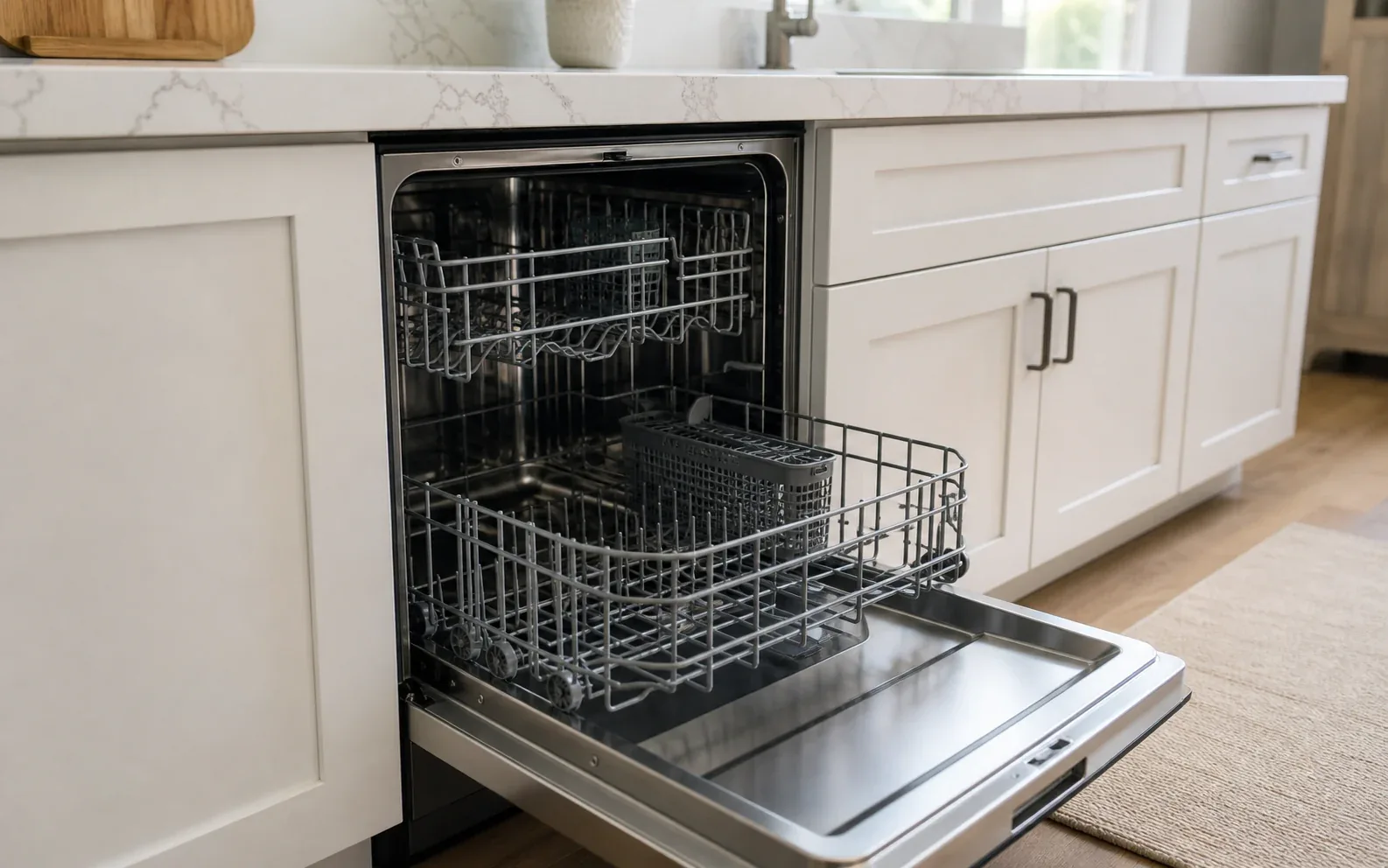 Dishwasher pulled forward with lower service area visible and tools nearby