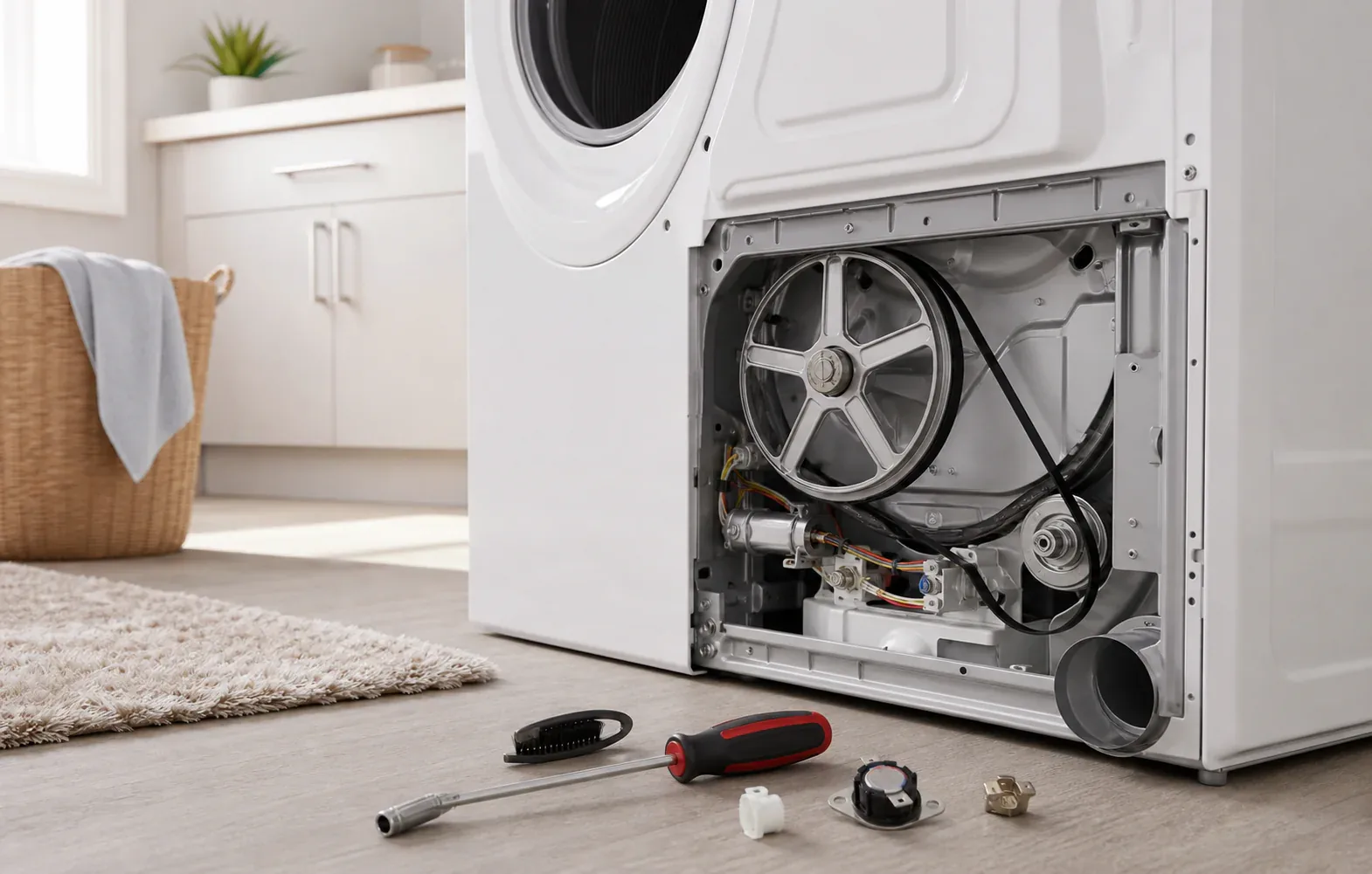 Clothes dryer with rear panel open and small replacement parts on the floor