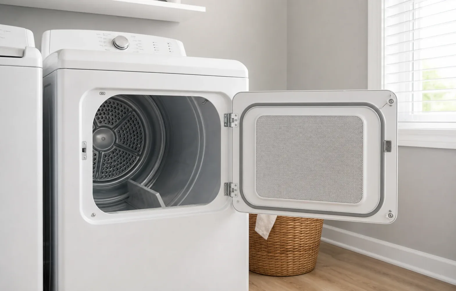 Electric clothes dryer with the door open in a home laundry room