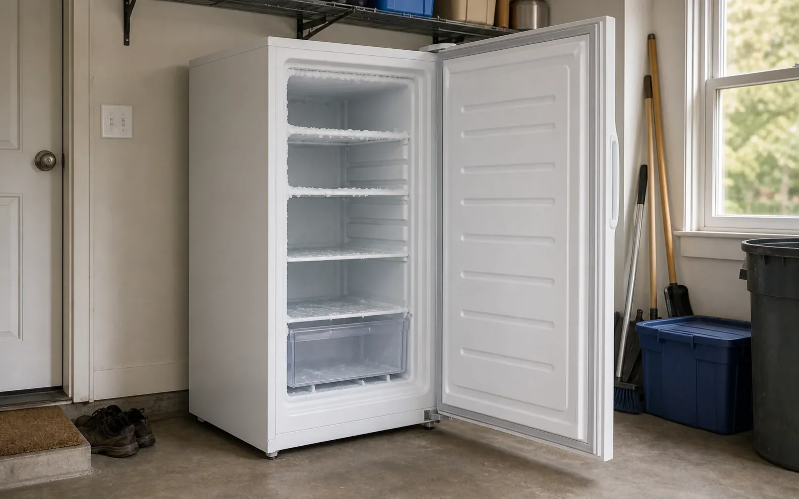 Standalone freezer open in a utility room with frost visible on the shelves