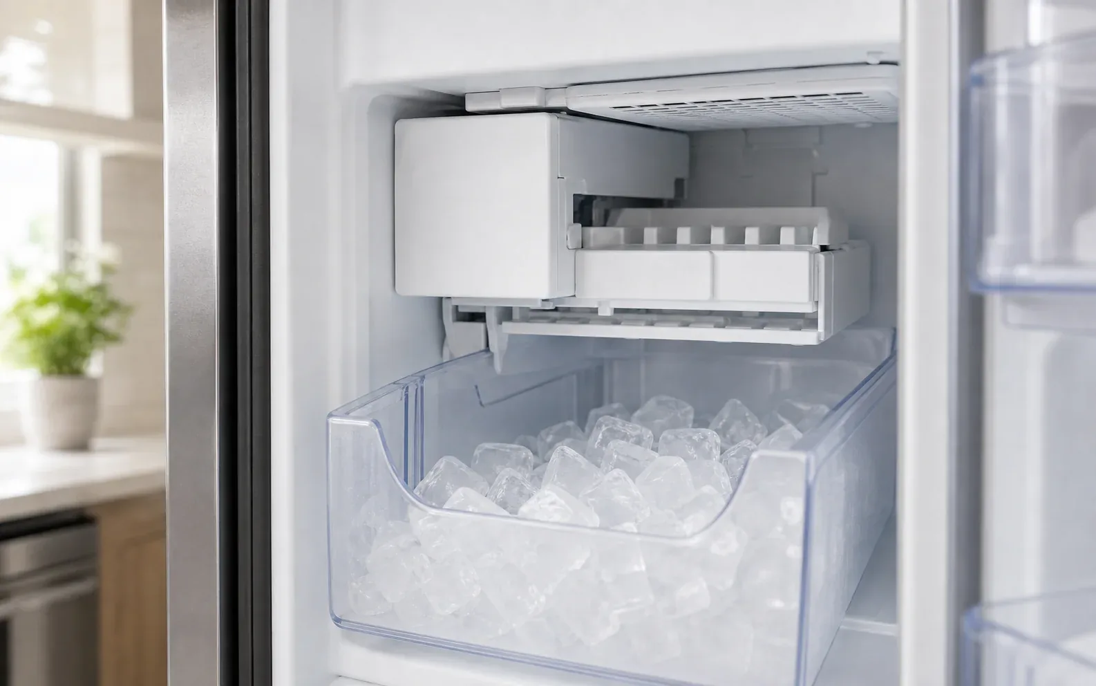 Close-up of refrigerator ice maker and ice bin inside a freezer compartment