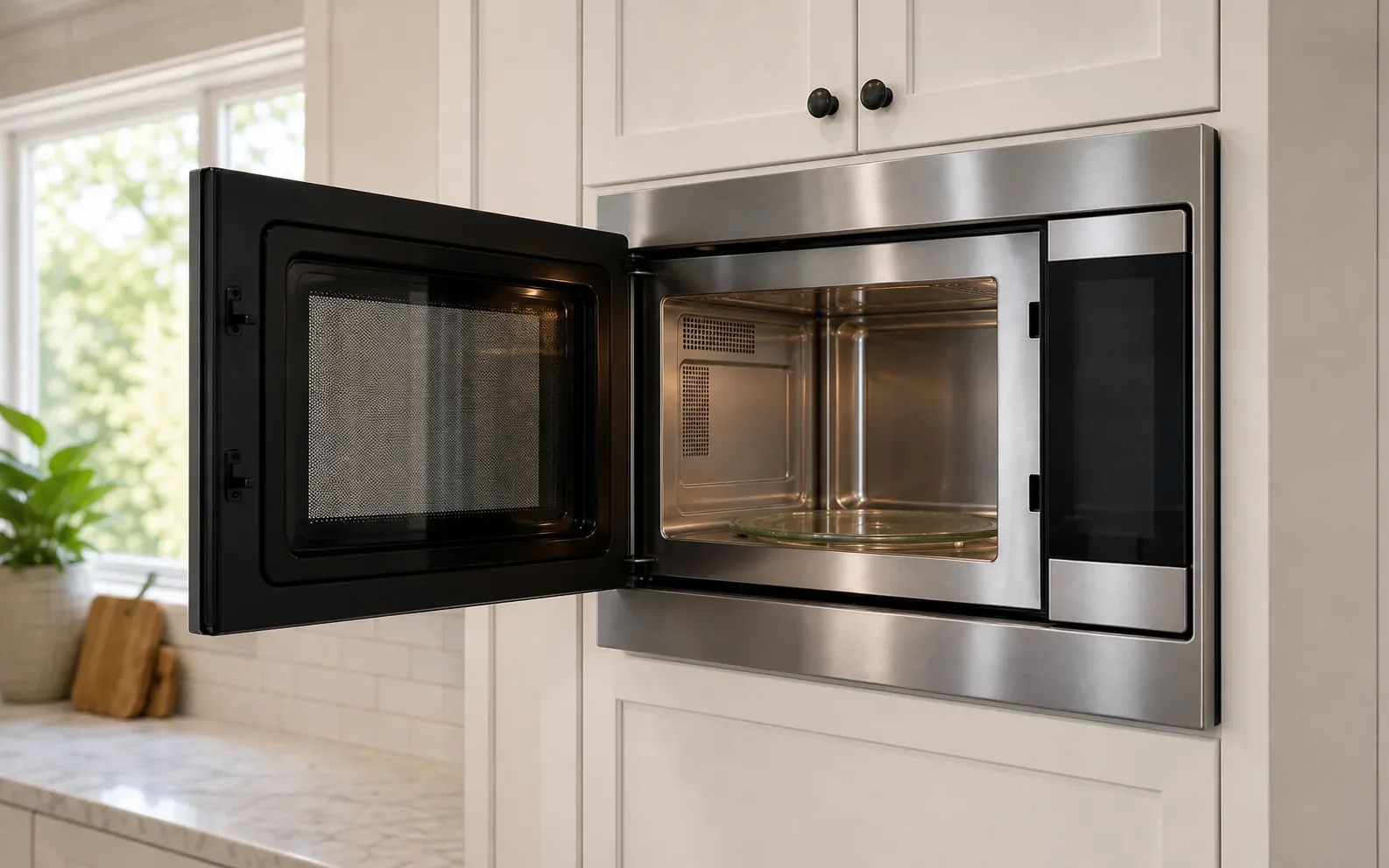 Built-in stainless steel microwave open inside white kitchen cabinetry