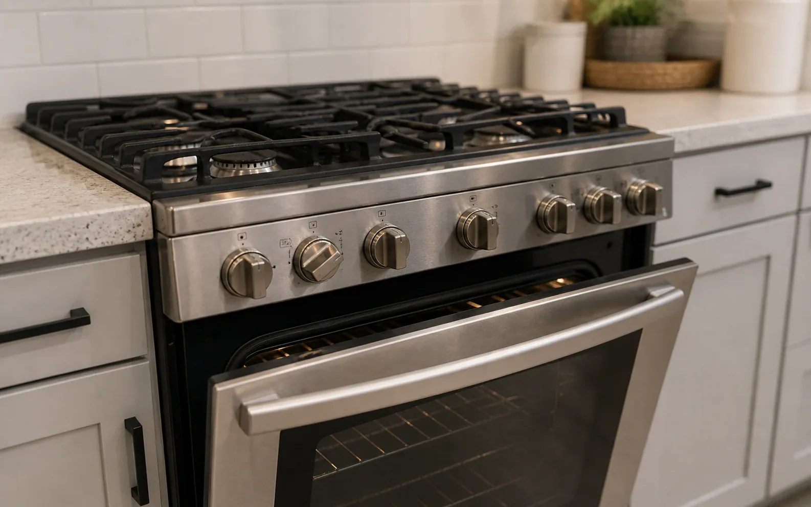 Gas range and oven in a residential kitchen with burners visible