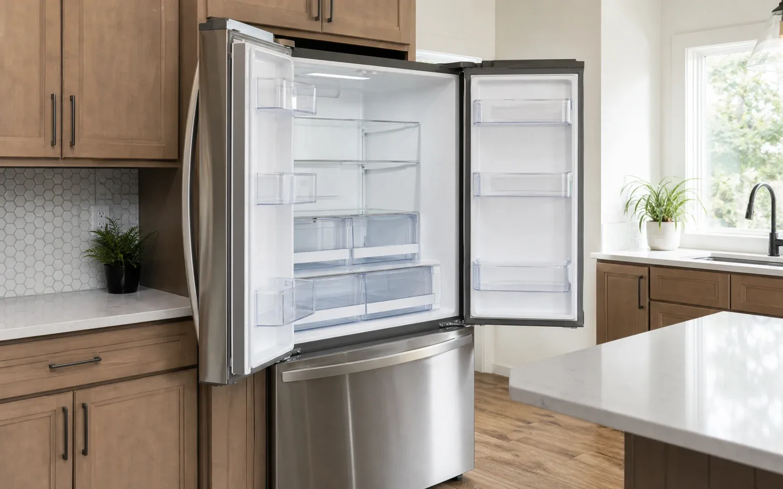 Open stainless steel refrigerator in a residential kitchen