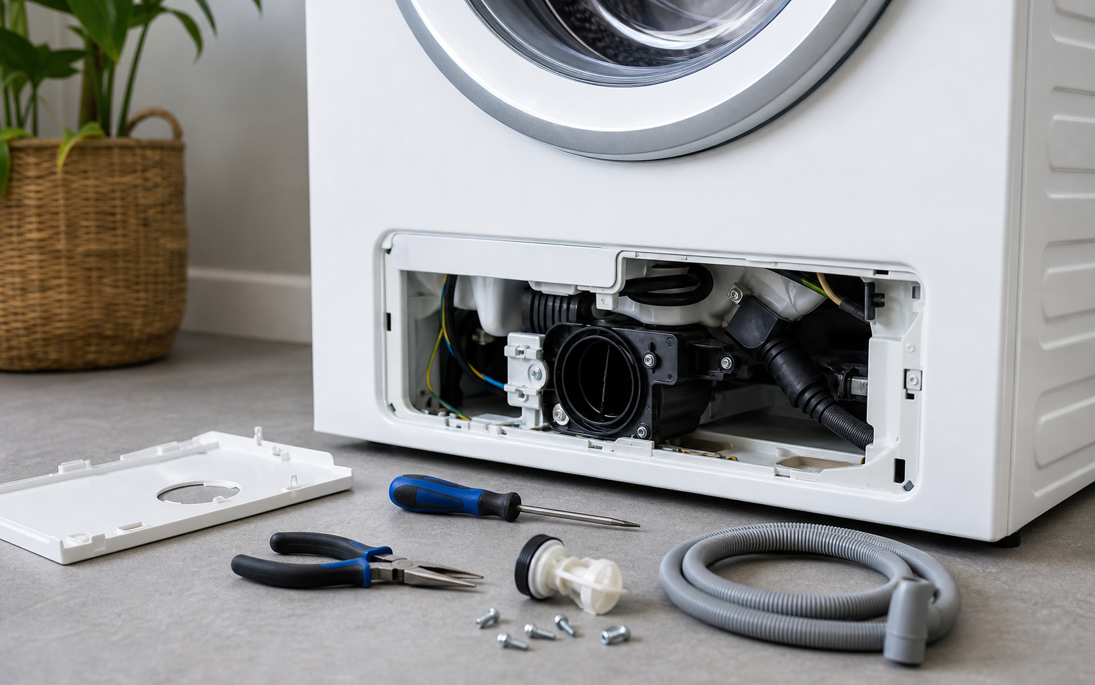 Front-load washing machine with access panel open and repair tools nearby