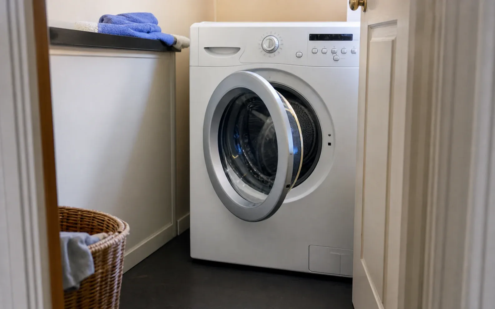 Front-load washing machine in a compact home laundry room